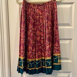 Vintage Equestrian Burgundy & Green Printed Pleated Skirt M